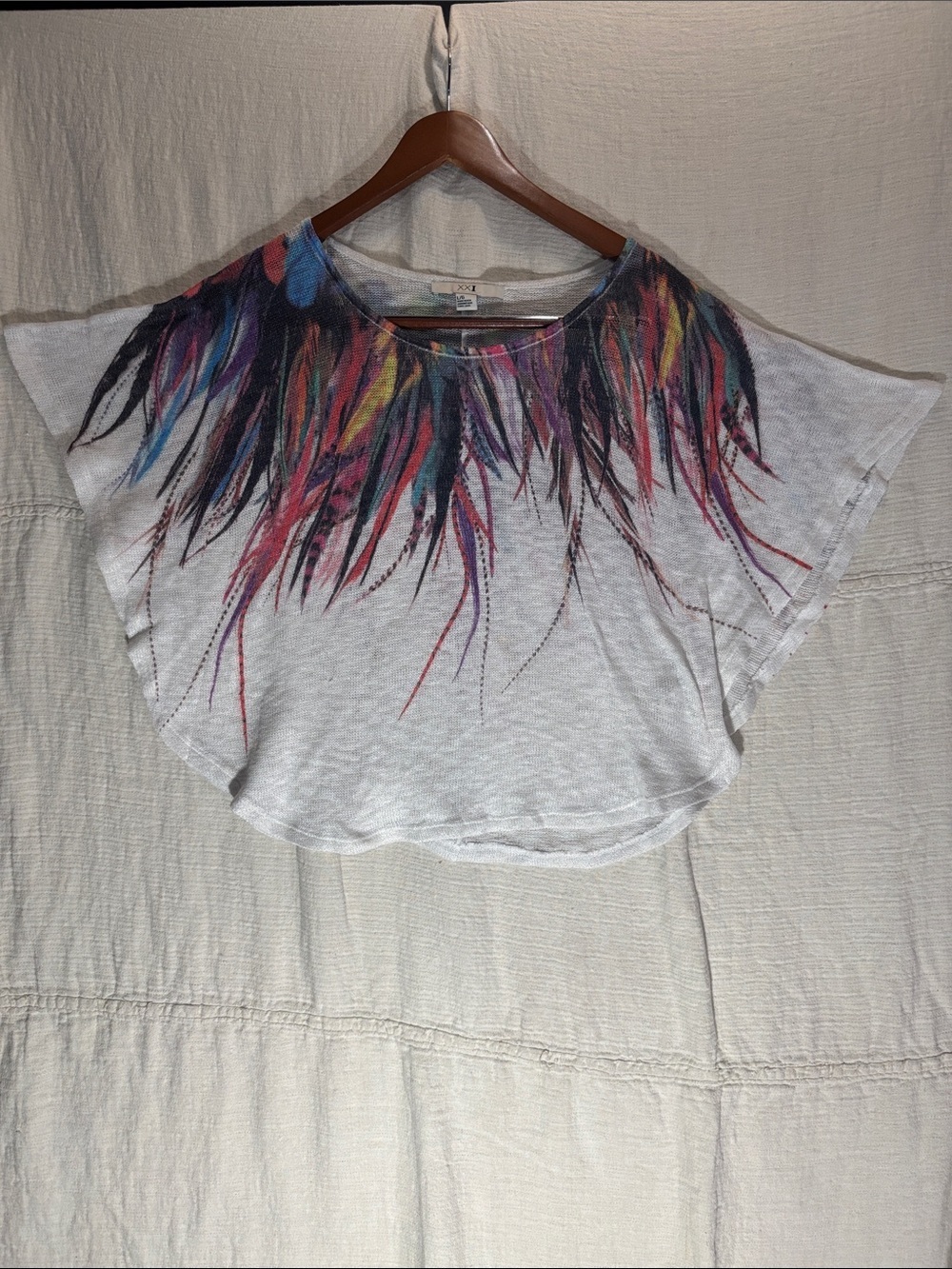 Forever 21 White Crop Poncho Top with Multicolor Feather Print